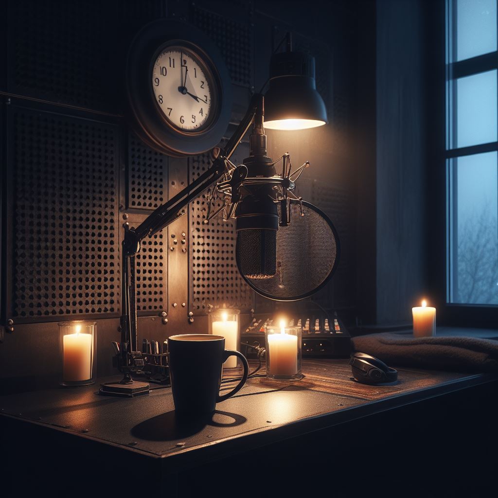 Nocne studio: mikrofon przy ciepłej lampie, świece i kubek na biurku, za oknem chłodne niebieskie światło
